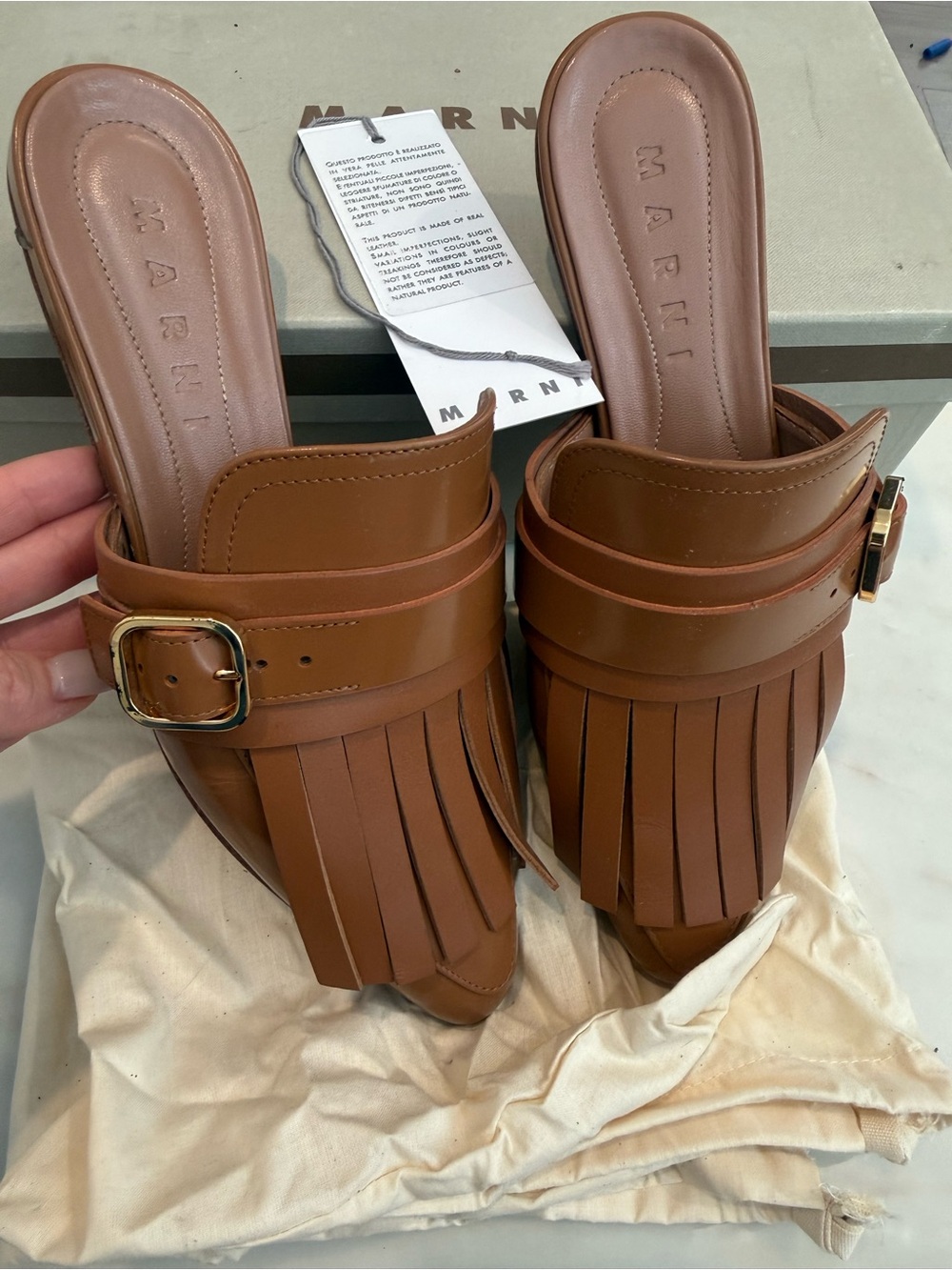 Marni Brown Leather Fringe Mule with Gold Buckle